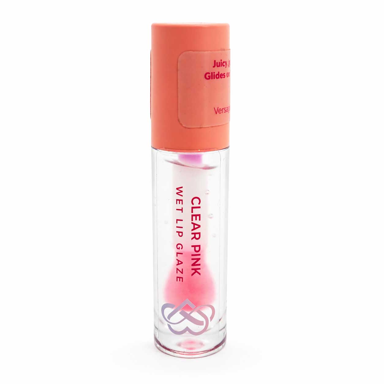 Clear pink wet lip glaze with coral cap on a white background
