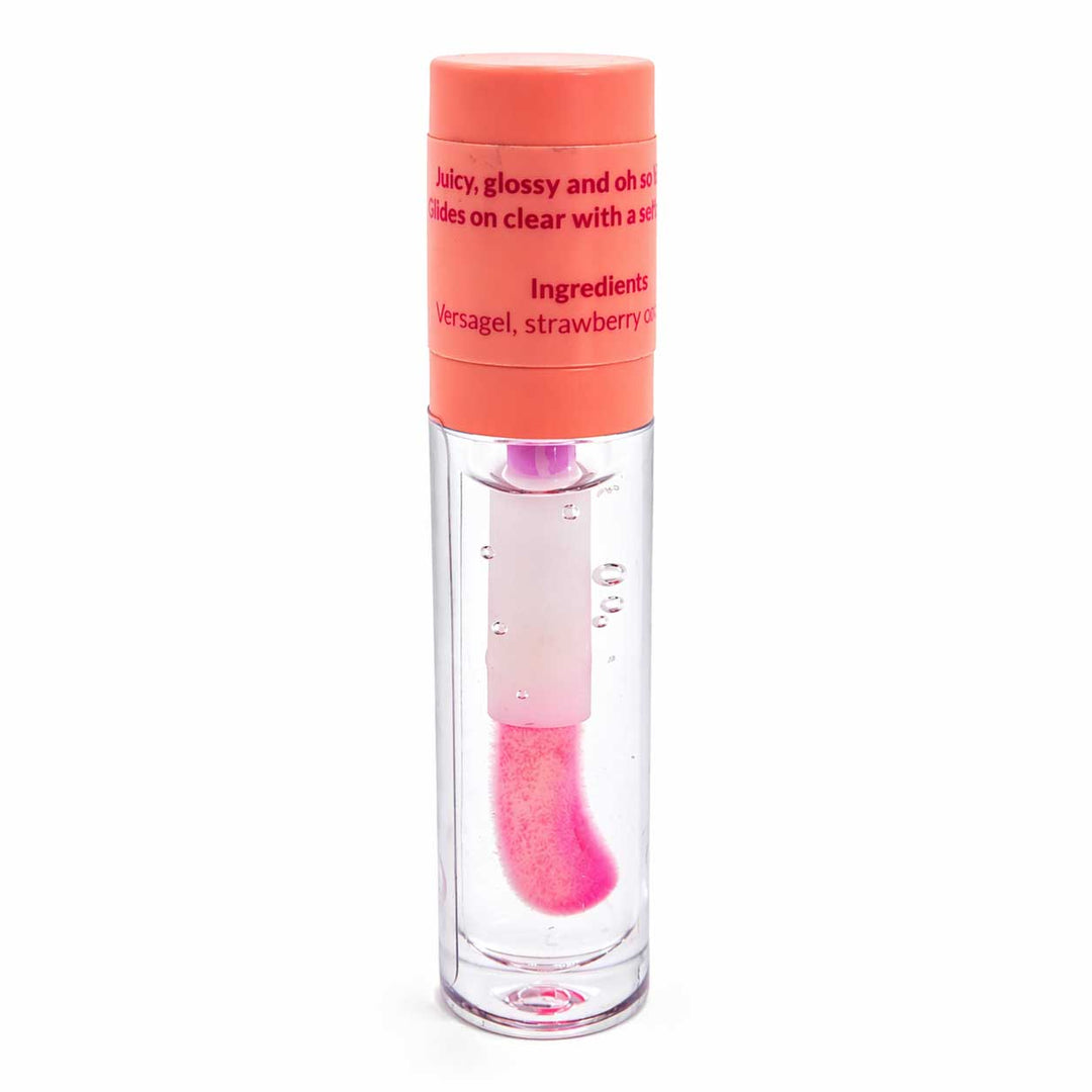 Pink lip balm with a clear container on a white background