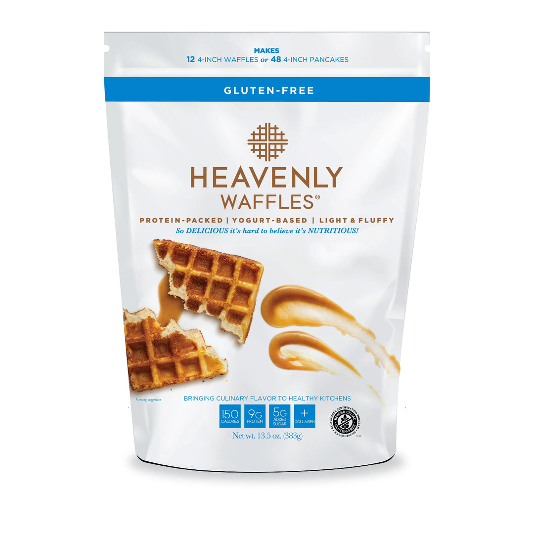 A package of Heavenly Waffles gluten-free mix, showing the waffles and a syrup drizzle, in a white resealable bag.