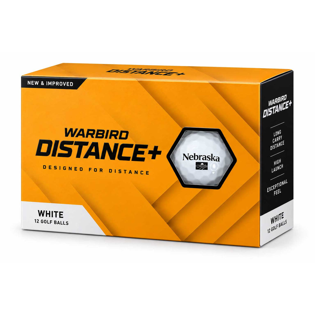 A box of Warbird Distance+ golf balls, White, containing 12 golf balls. The packaging is bright orange with black and white text and a hexagonal logo containing the Nebraska flag.