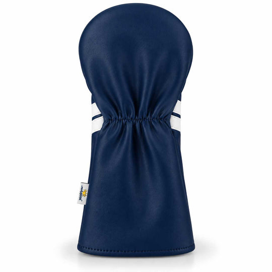 A navy blue golf club headcover with white stripe accents on the sides, shown against a plain white background.