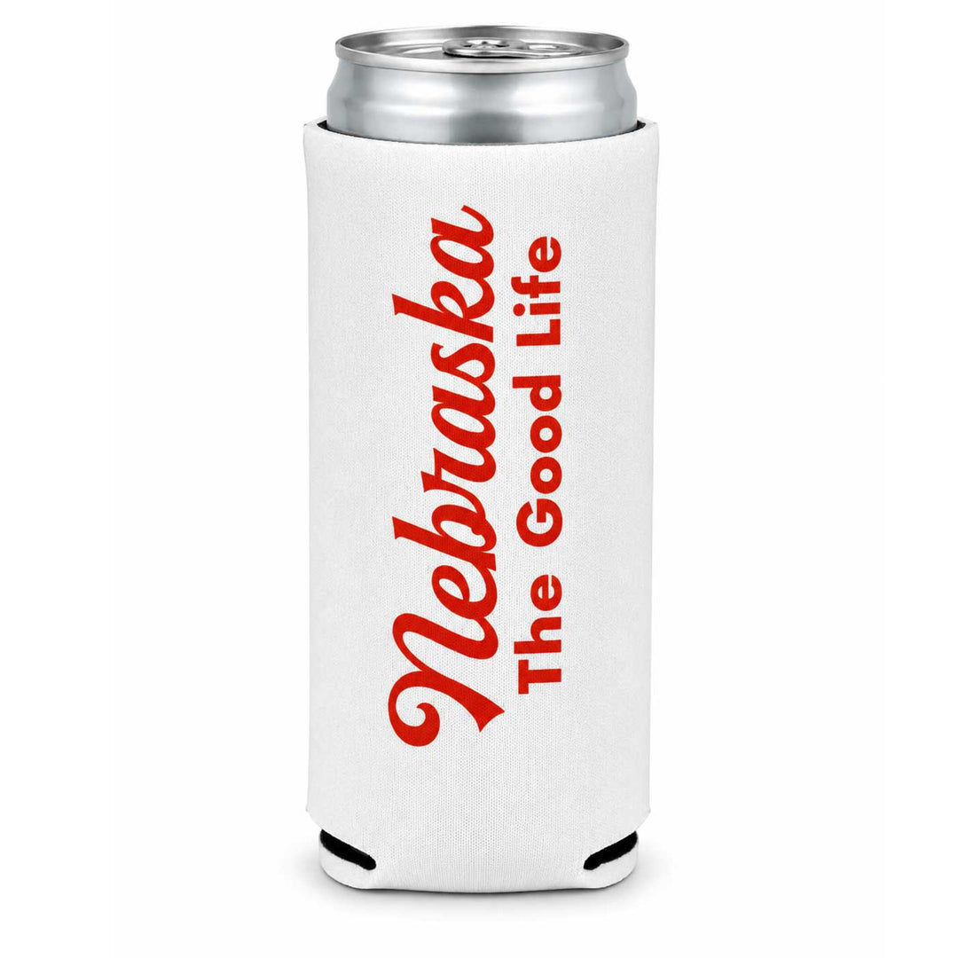 A white neoprene can cooler sleeve with red text reading 'Nebraska The Good Life' on a silver aluminum can, shown on a plain white background.