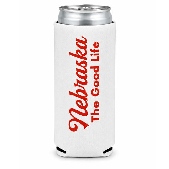 A white neoprene can cooler sleeve with red text reading 'Nebraska The Good Life' on a silver aluminum can, shown on a plain white background.