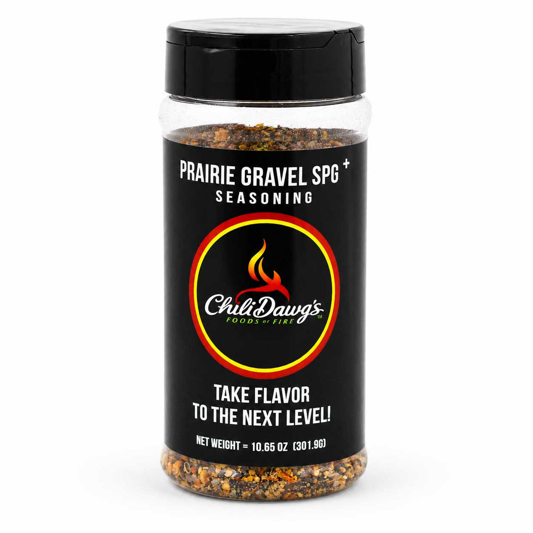 Jar of Prairie Gravel SPG seasoning with ChiliDawg's branding on a white background