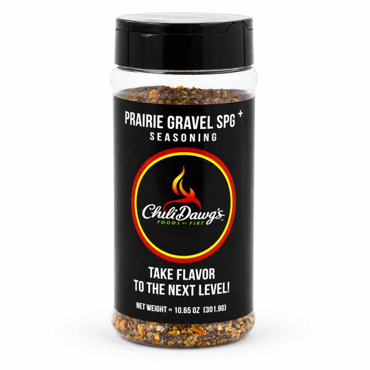 Jar of Prairie Gravel SPG seasoning with ChiliDawg's branding on a white background