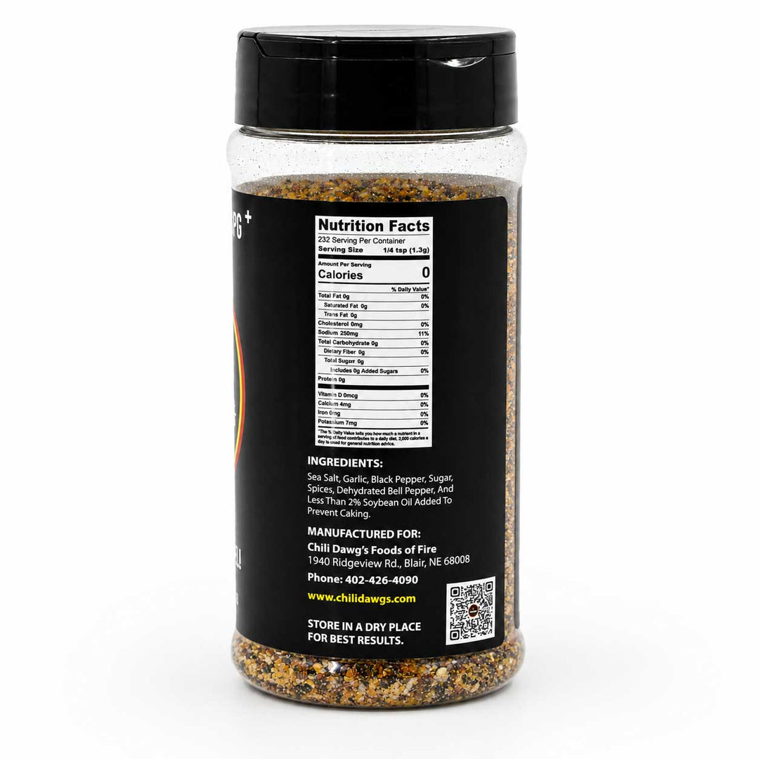 Spice jar with black label showing nutrition facts and ingredients on a white background