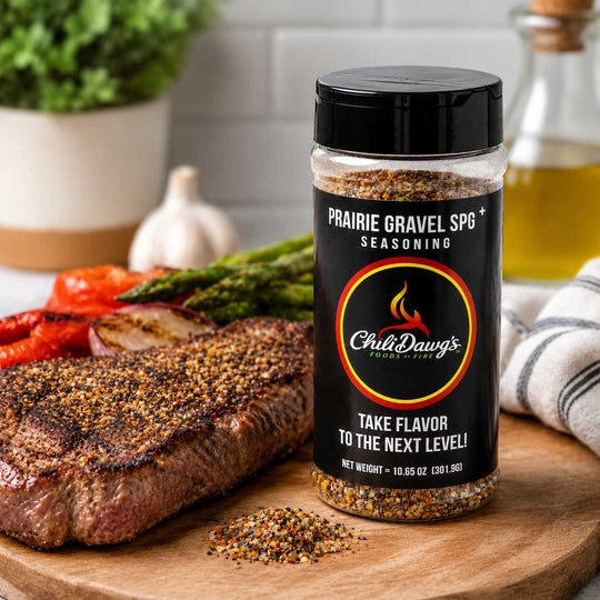 Prairie Gravel SPG seasoning jar on a cutting board with a steak and vegetables.
