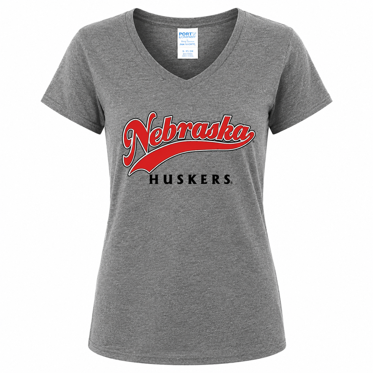 Gray t-shirt with 'Nebraska Huskers' text on a white background
