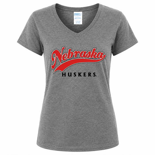 Gray t-shirt with 'Nebraska Huskers' text on a white background