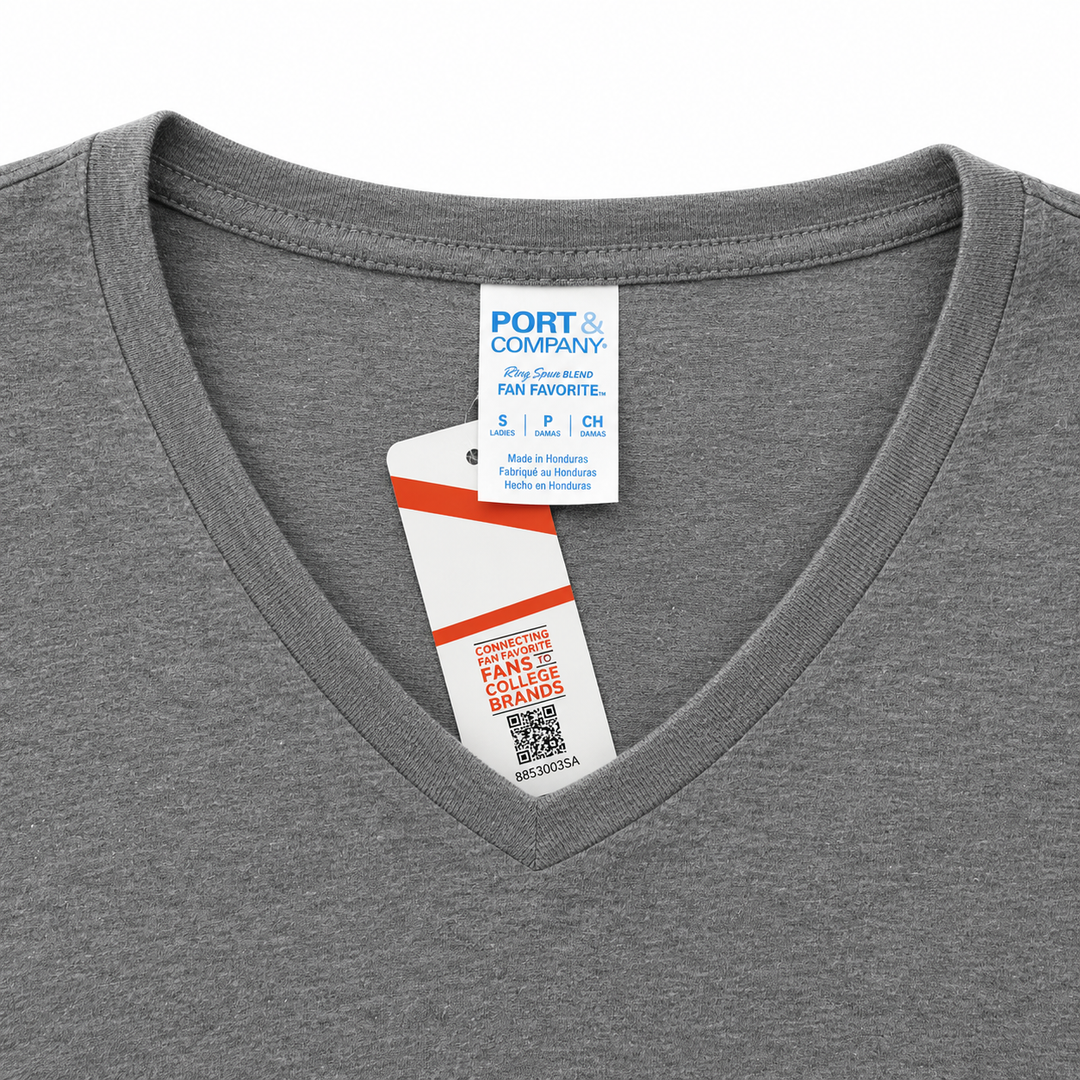 Gray V-neck shirt with a Port & Company tag on a white background