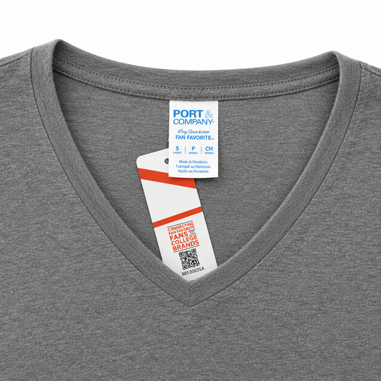 Gray V-neck shirt with a Port & Company tag on a white background