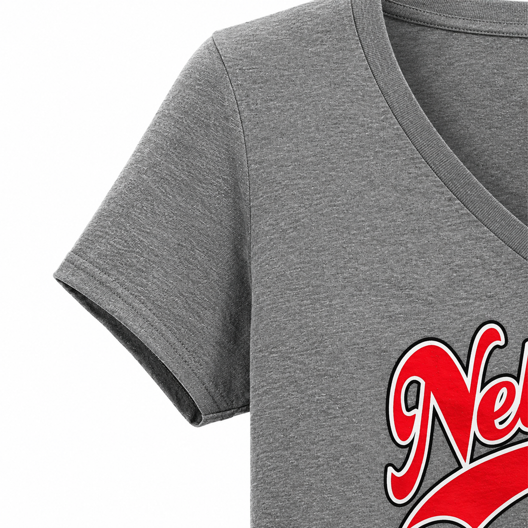 Gray t-shirt with red and white text on a white background
