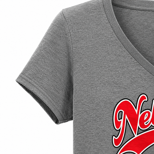 Gray t-shirt with red and white text on a white background