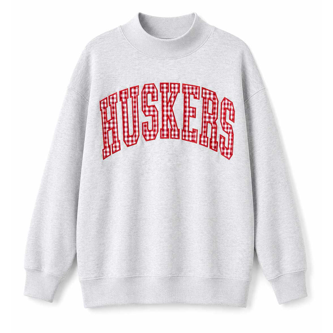 Huskers Gray Gingham Mock Neck