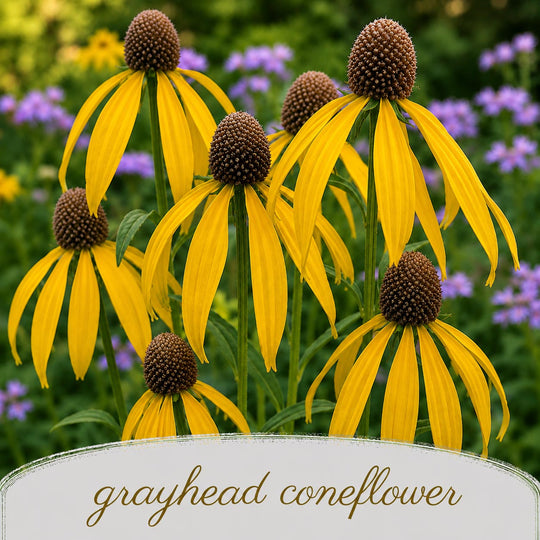 Grayhead coneflowers with yellow petals and brown centers in a garden setting.