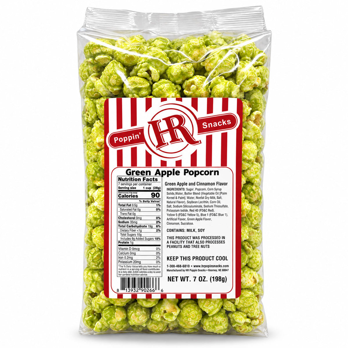 A 7 oz bag of green apple popcorn with a red and white striped label, photographed on a clean white background.