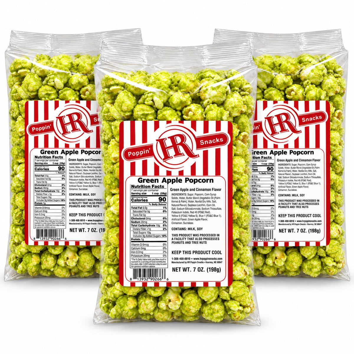 Three clear plastic bags of Poppin' IR Green Apple Popcorn Scented Flavors, arranged in a fan shape against a solid white background.