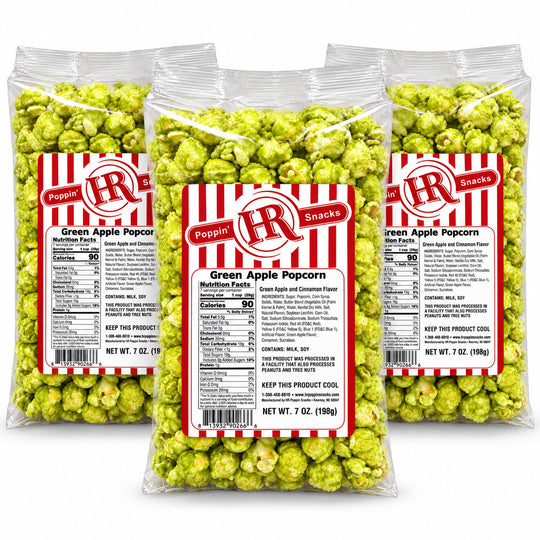 Three clear plastic bags of Poppin' IR Green Apple Popcorn Scented Flavors, arranged in a fan shape against a solid white background.