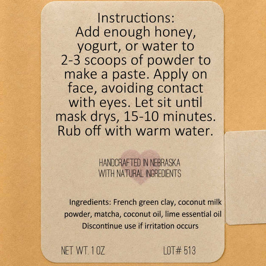 Instructions for a face mask on a brown card with natural ingredients listed.