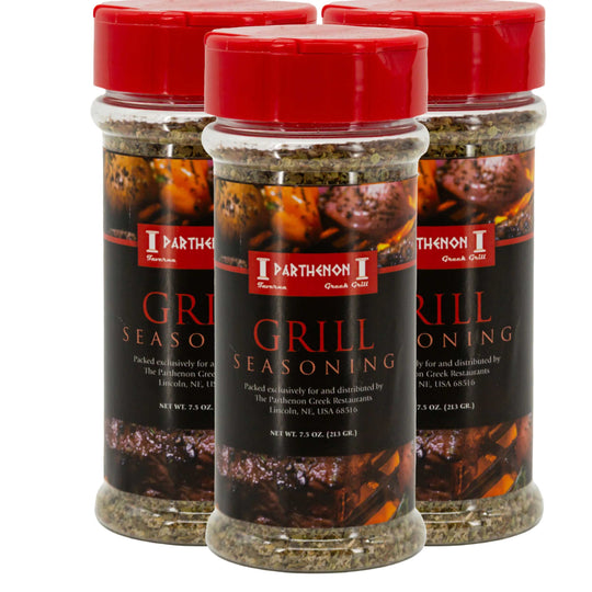 Three bottles of I Parthenon Grill Seasoning on a white background