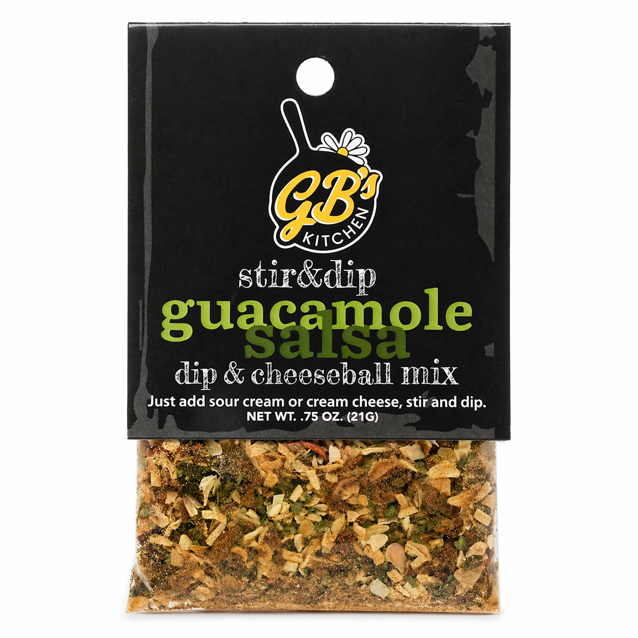 Packaged dip and cheeseball mix with GB's Kitchen branding on a black background