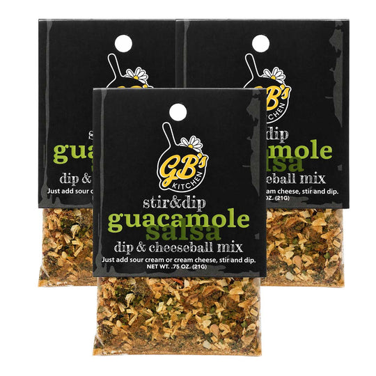 Three packages of GB Kitchen dip and cheeseball mix on a white background