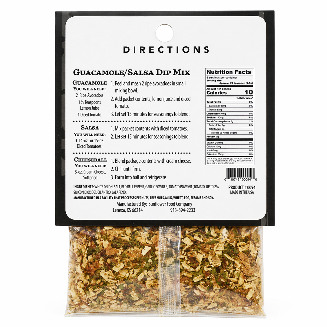 Guacamole/Salsa Dip Mix packet with directions and ingredients on a white background