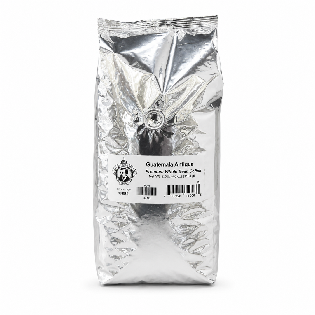 Coffee package labeled 'Guatemala Antigua' on a white background