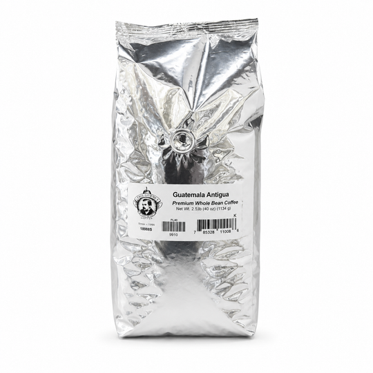 Coffee package labeled 'Guatemala Antigua' on a white background
