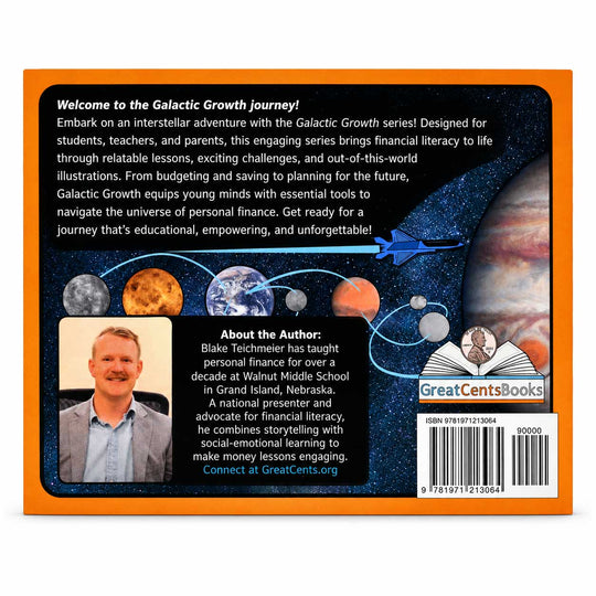 Back cover of the book 'Welcome to the Galactic Growth Journey!' by Blake Techmeier, featuring a space-themed design with planets, a rocket, and an author photo, published by GreatCentsBooks.