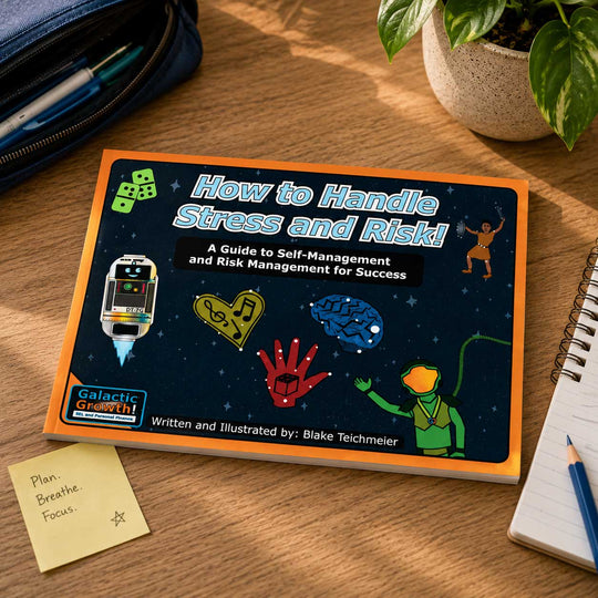 A book titled "How to Handle Stress and Risk!" lies open on a wooden desk, surrounded by a navy zip pouch, a potted plant, a sticky note, and an open notebook with a pencil.