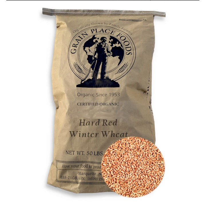 Bag of Grain Place Foods Hard Red Winter Wheat with a close-up of wheat grains on a white background
