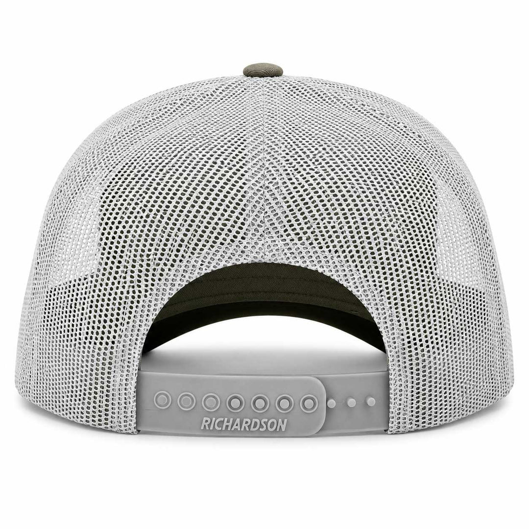Rear view of a Richardson brand trucker hat with a light gray mesh back and a gray snapback closure strap.
