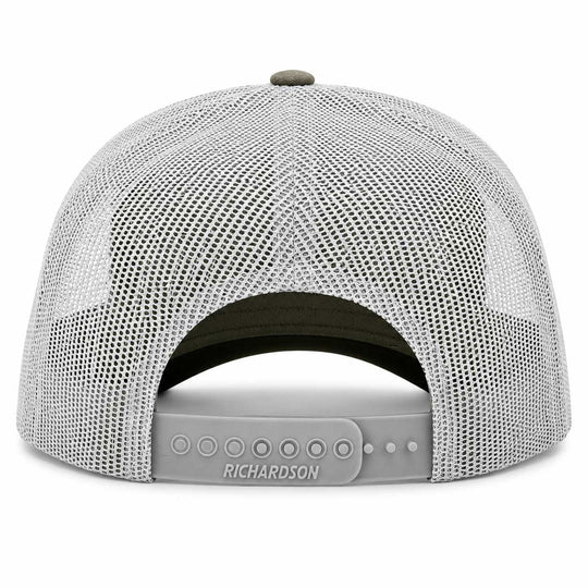 Rear view of a Richardson brand trucker hat with a light gray mesh back and a gray snapback closure strap.