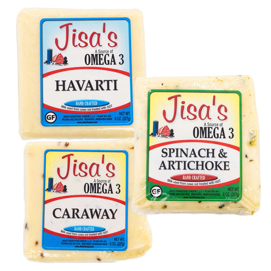 Cheese Block 3 Piece Sampler | Havarti, Spinach & Artichoke, Caraway | Made in Small Batches | Jisa's Farmstead Cheese