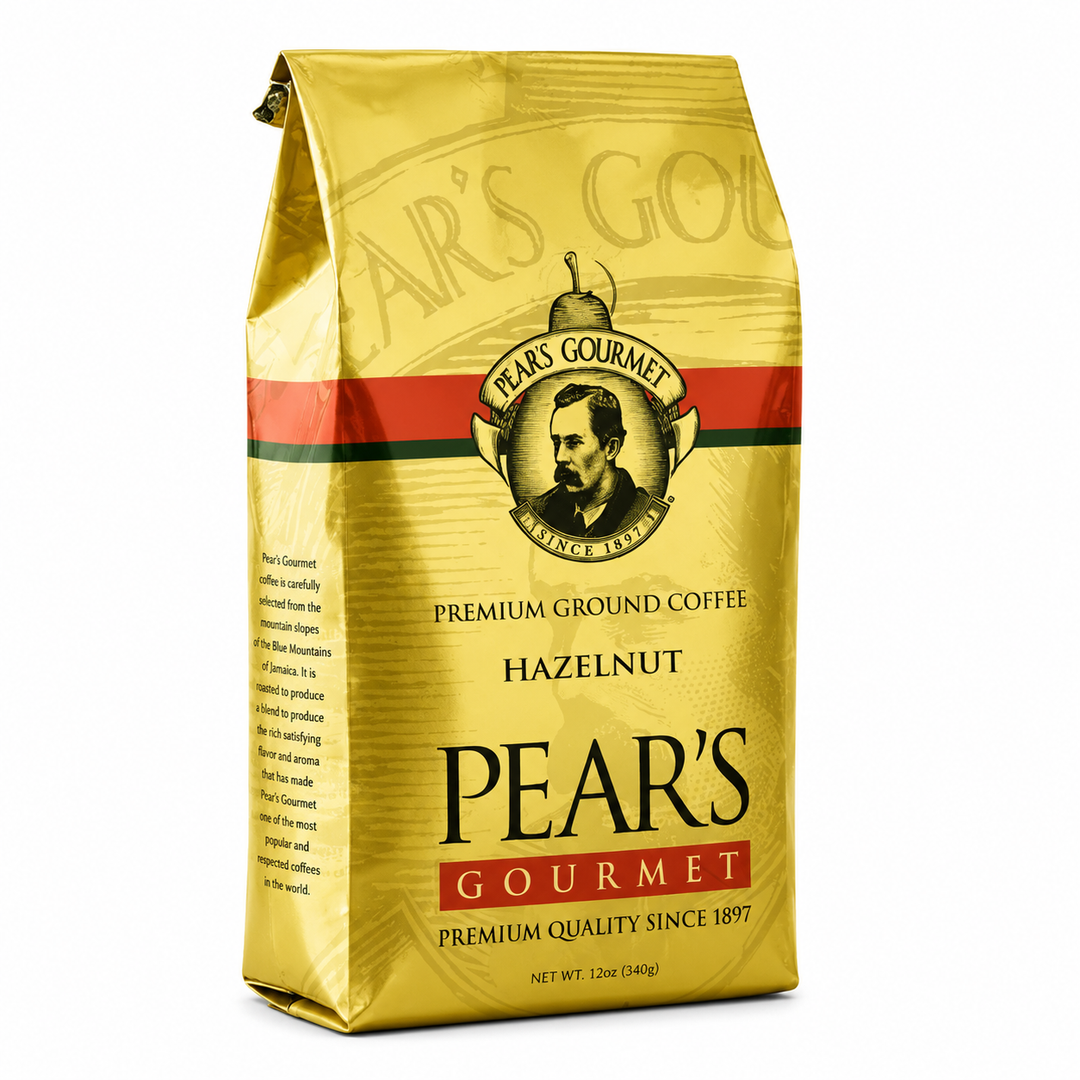 Yellow bag of Pear's Gourmet Hazelnut coffee on a white background