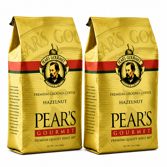 Two packages of Pear's Gourmet Hazelnut coffee on a white background