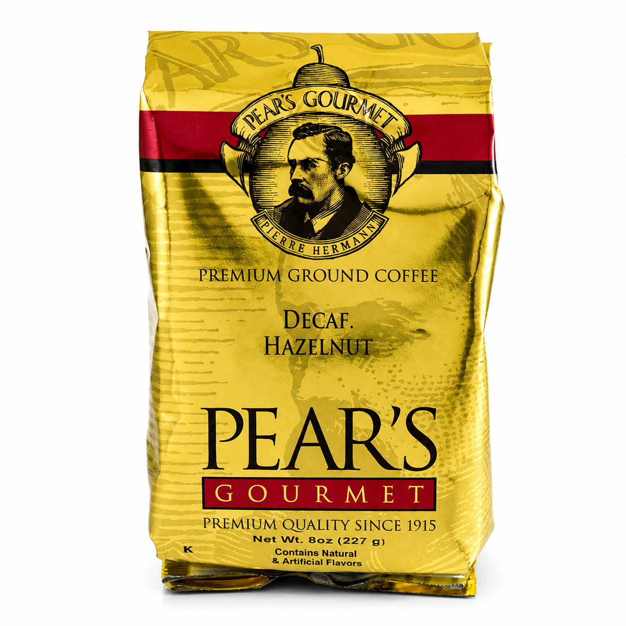 Pear's Gourmet decaf hazelnut coffee package on a white background
