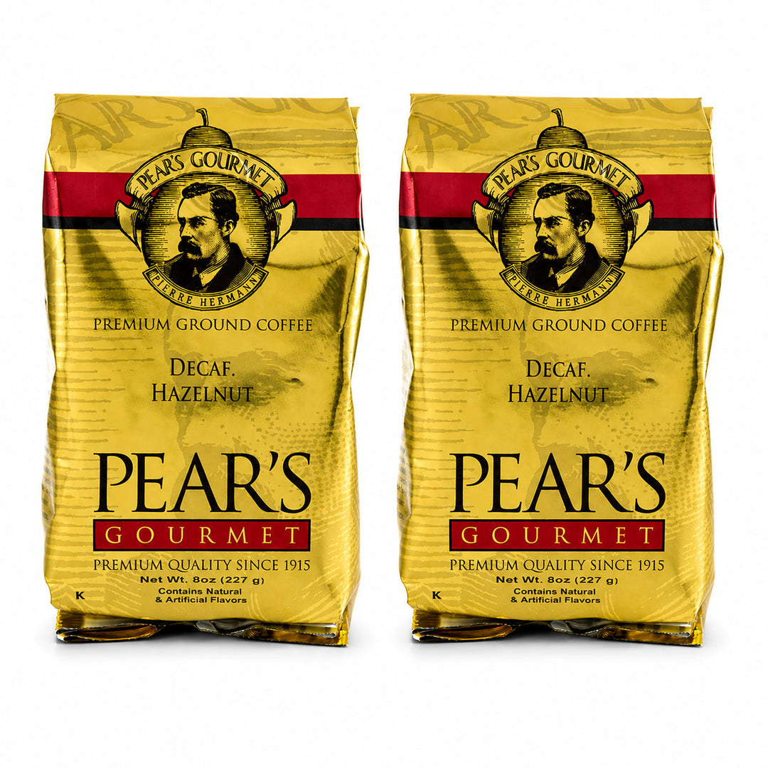 Two packages of Pear's Gourmet Decaf Hazelnut coffee on a white background
