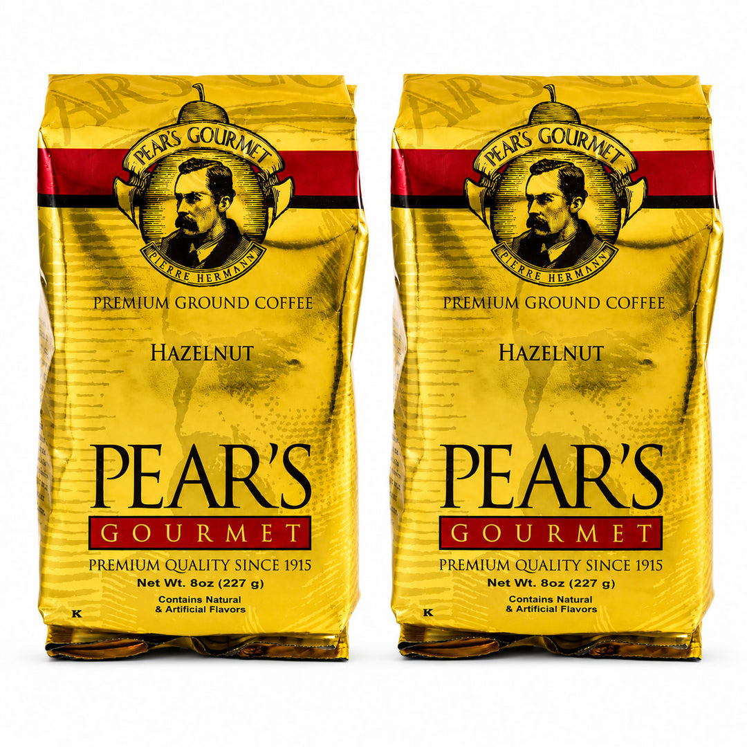 Two packages of Pear's Gourmet Hazelnut coffee on a white background