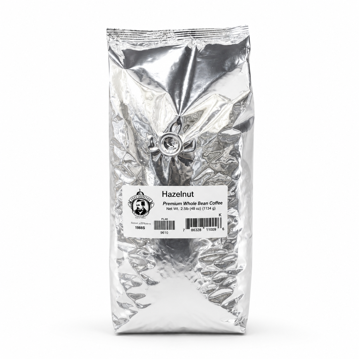 Silver coffee bag labeled 'Hazelnut' on a white background