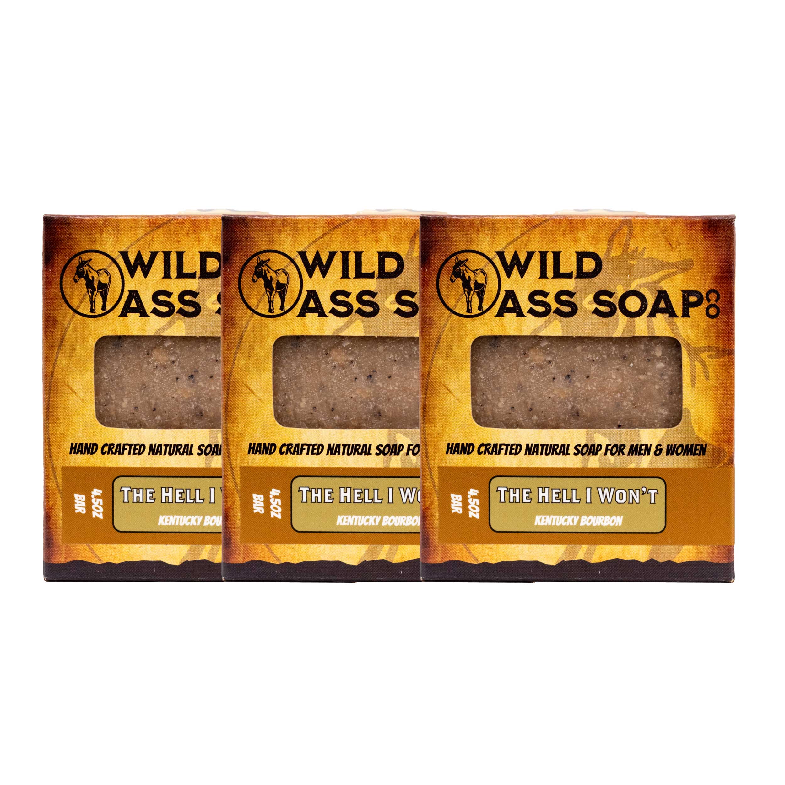 Three bars of Wild Ass Soap in packaging on a white background