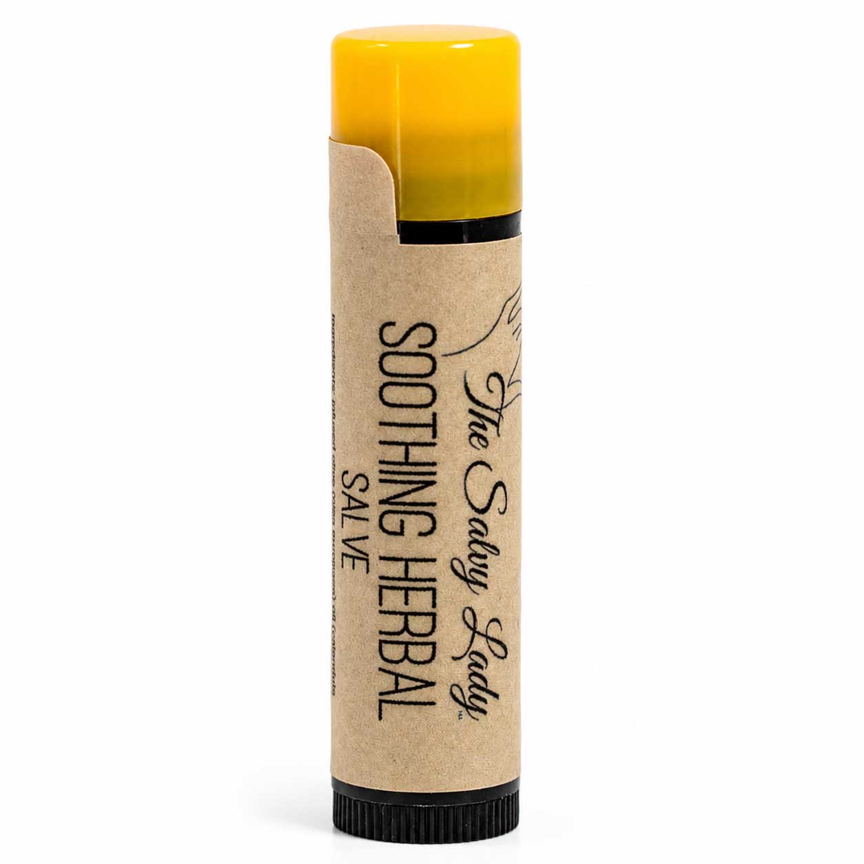 Balm stick with yellow top and brown paper wrap labeled 'The Salty Lady Soothing Herbal Salve' on a white background.
