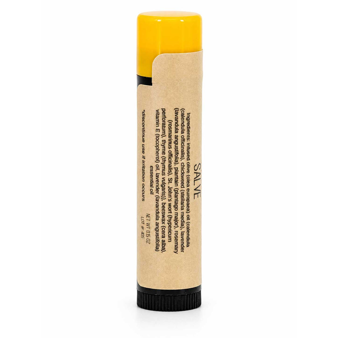 Lip balm with a yellow cap and cardboard body on a white background