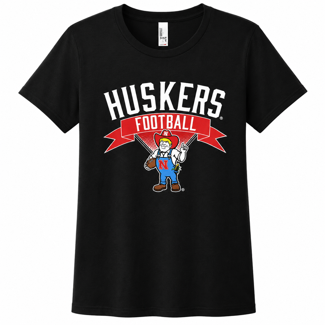 Black t-shirt with 'Huskers Football' graphic featuring a mascot on a white background