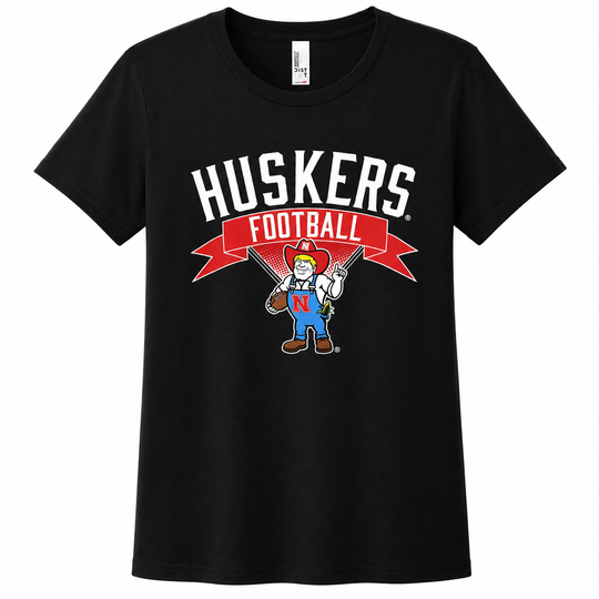 Black t-shirt with 'Huskers Football' graphic featuring a mascot on a white background