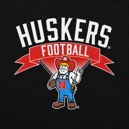 Nebraska Cornhuskers football logo with mascot and red banner on black background