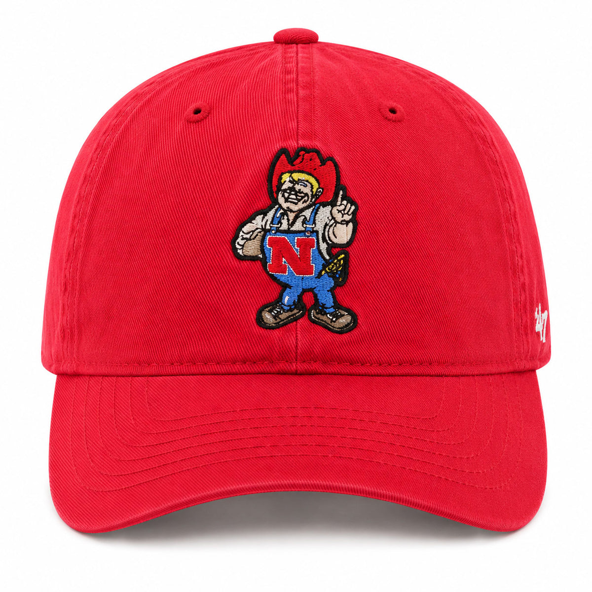 A red baseball cap featuring an embroidered mascot character on the front with a large red 'N' on the chest, photographed against a clean white background.