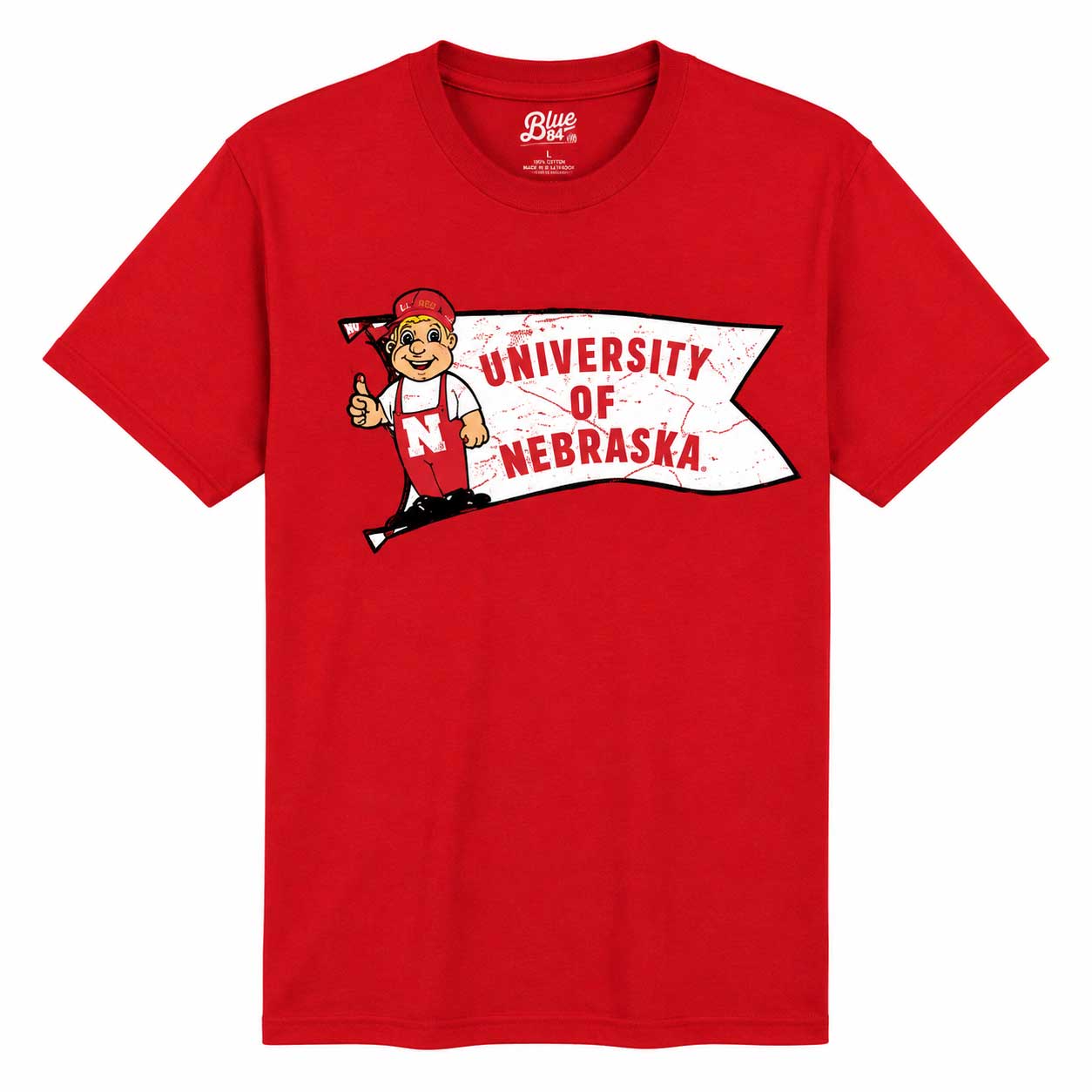 A red short-sleeve crewneck t-shirt featuring a University of Nebraska graphic on the chest, including the mascot Nebraskan and a banner reading 'UNIVERSITY OF NEBRASKA'.