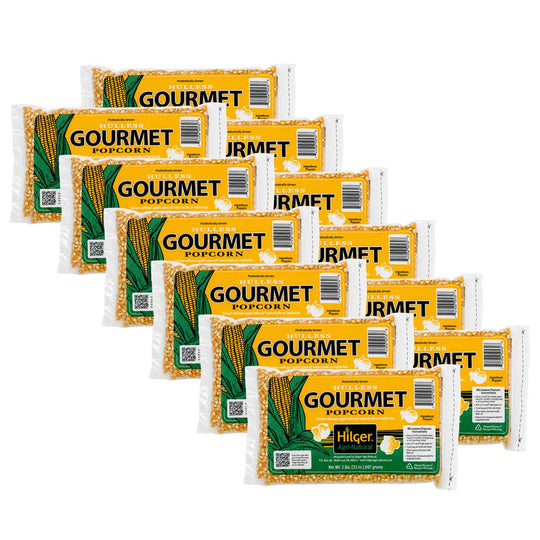 Six bags of Gourmet Popcorn in Hilger flavor arranged in a staggered fan layout on a plain white background.